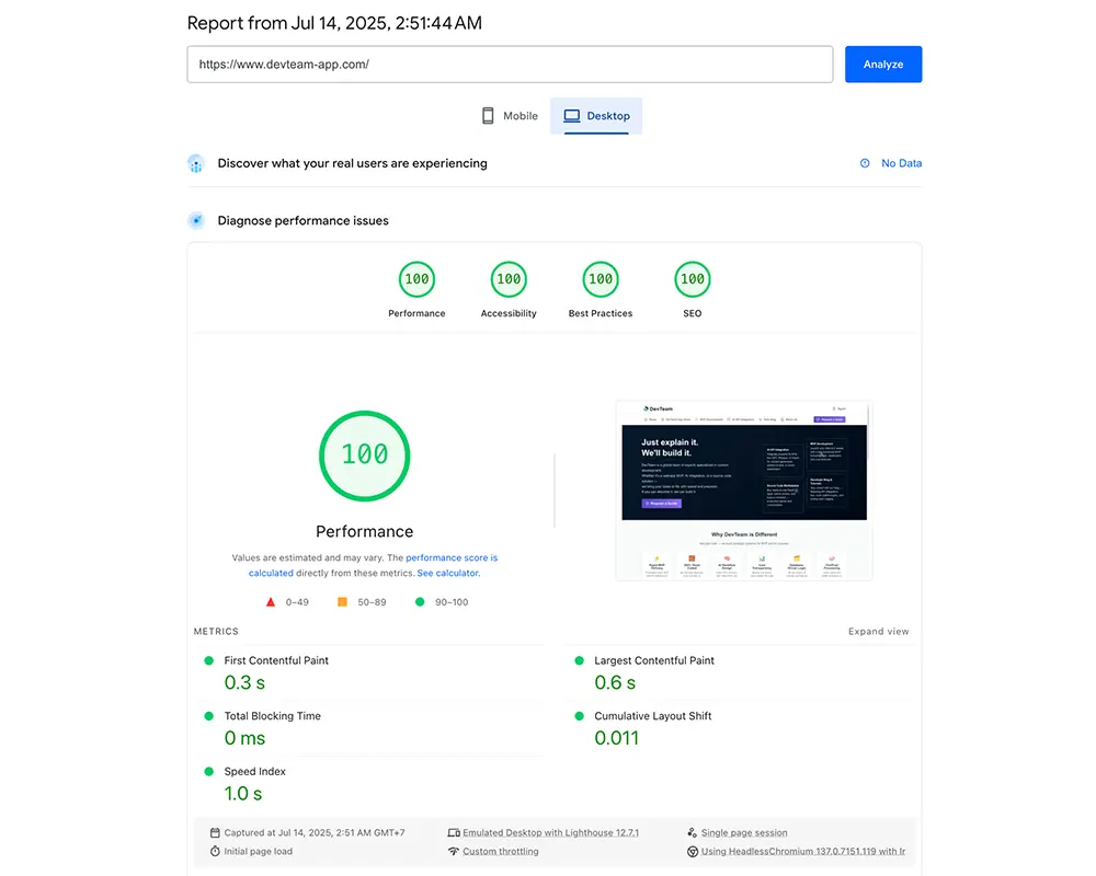 devteam-app.com Google PageSpeed test - desktop