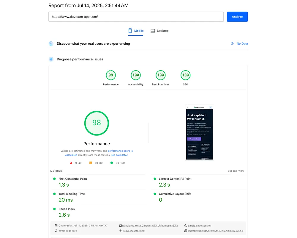 devteam-app.com Google PageSpeed test - mobile